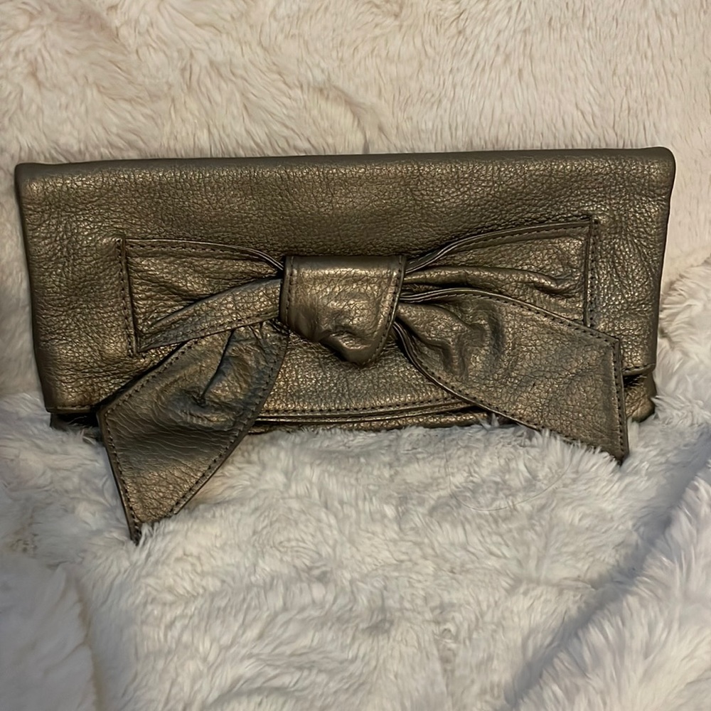 pewter genuine leather bow clutch